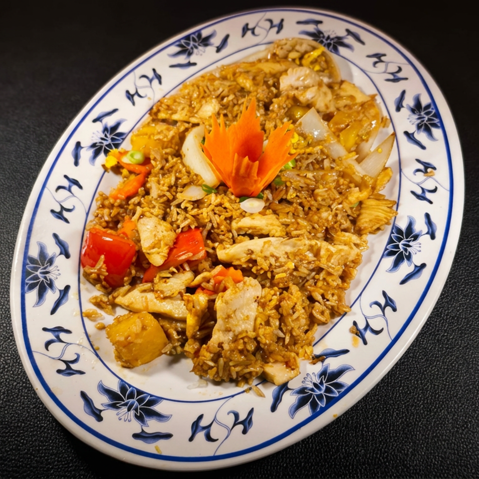 Plate of golden fried rice with chicken, vegetables, onions, and carrot garnish on a blue-and-white floral platter.