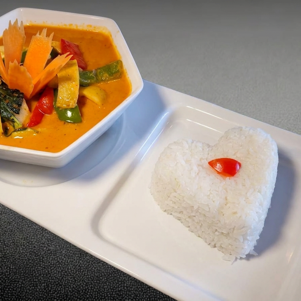 Thai red curry with vegetables and carved carrot garnish served alongside heart-shaped white rice on a rectangular plate.