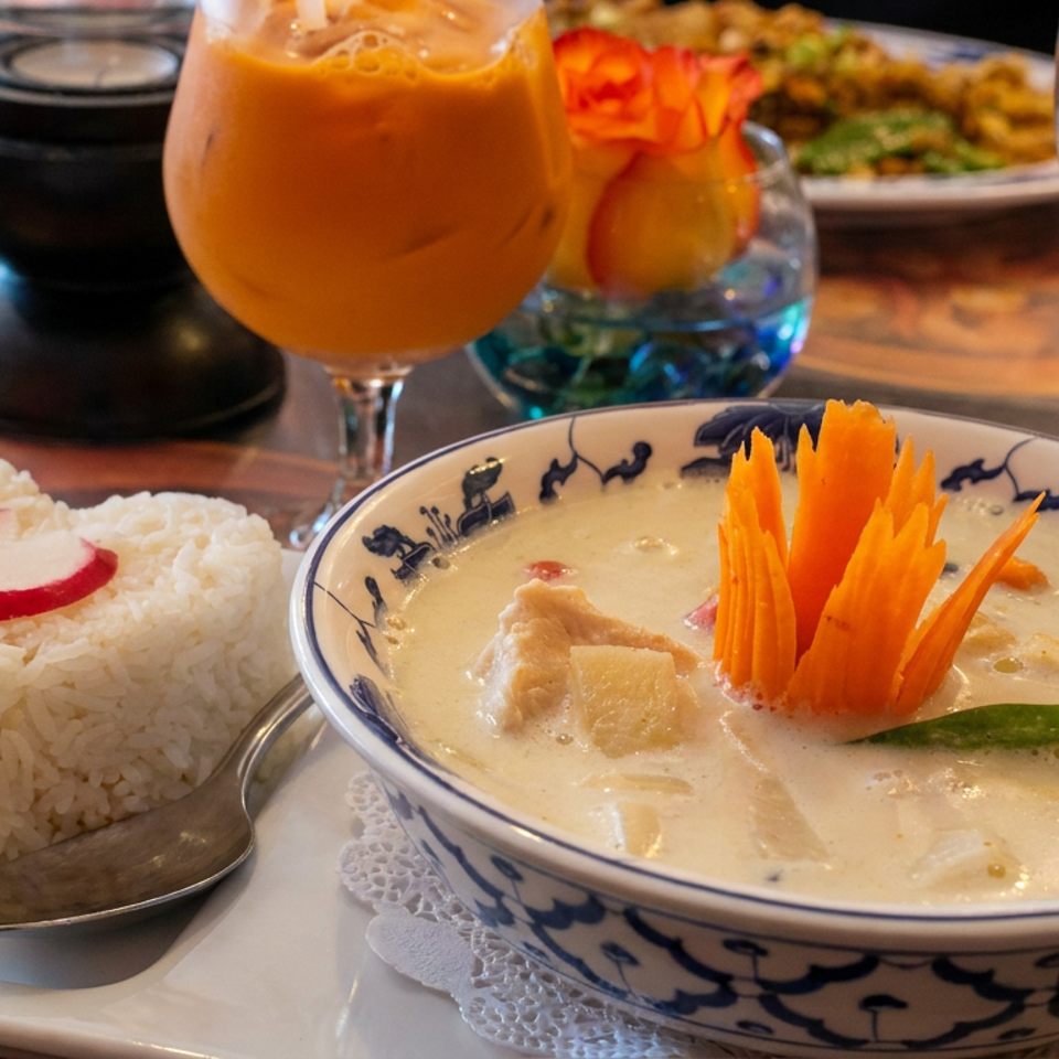Thai coconut curry with chicken, carved carrot garnish, cucumber, and molded white rice served at a restaurant table.