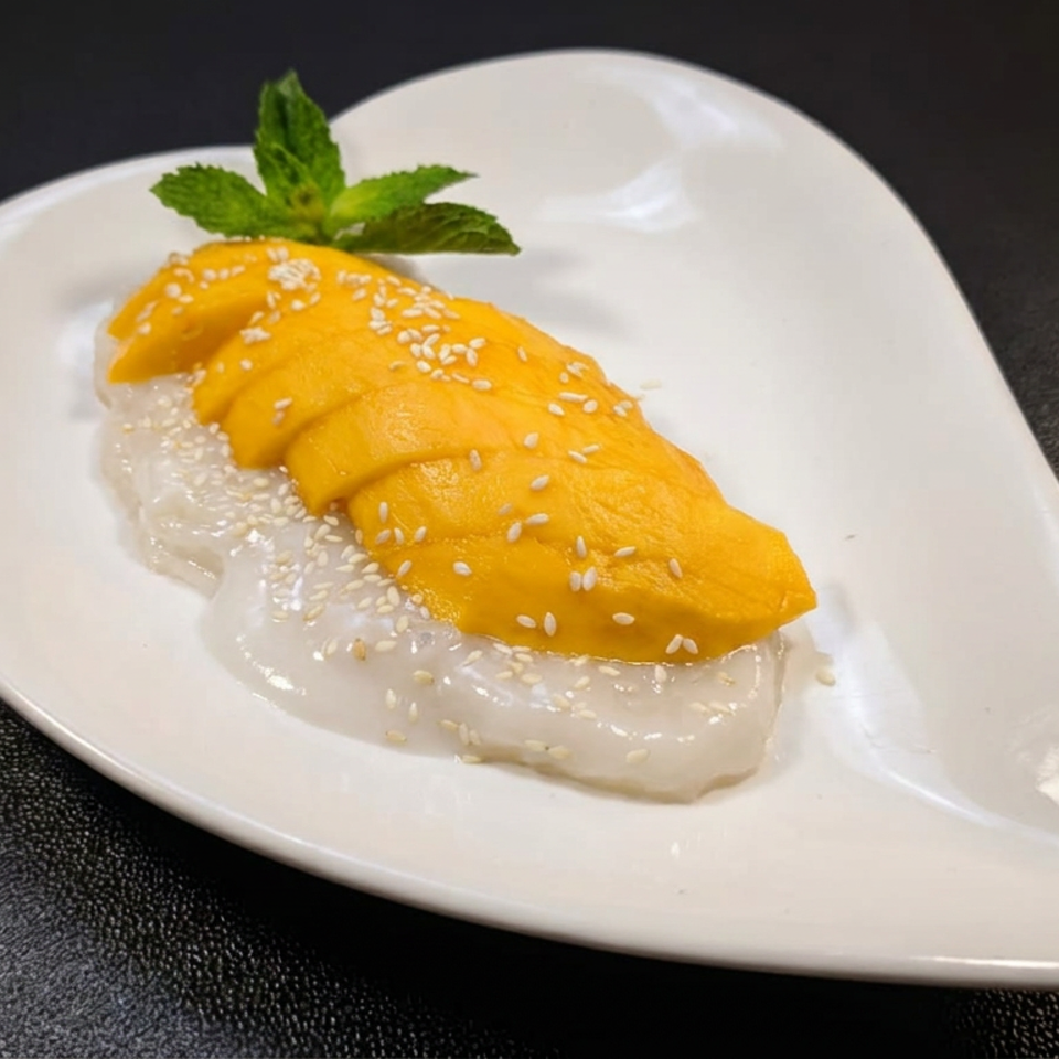 Sliced ripe mango served over sticky rice, topped with sesame seeds and garnished with fresh mint on a white plate.