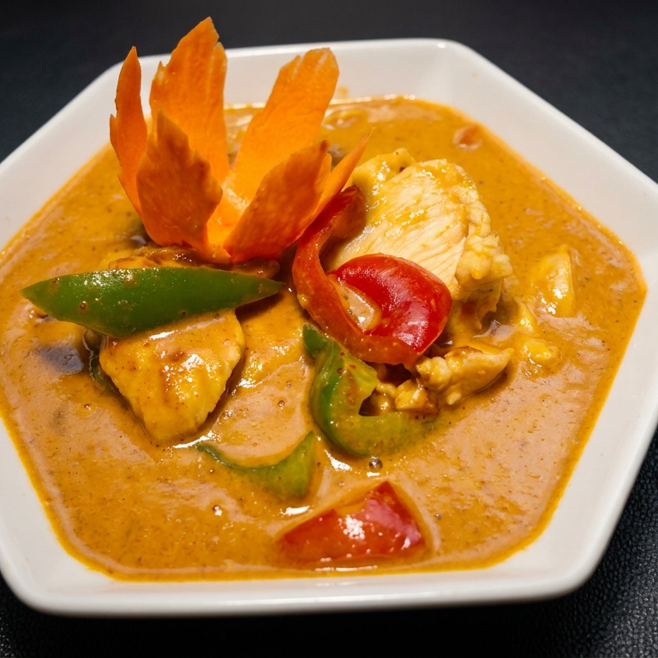 Creamy orange curry with chicken, vegetables, red pepper, and decorative carrot garnish served in a white bowl.